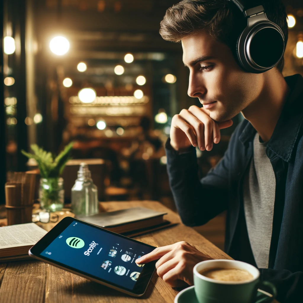فردی جوان در حال استفاده از اپلیکیشن اسپاتیفای بر روی تبلت در کافه‌ای دنج، نشان‌دهنده لذت بردن از موسیقی با اسپاتیفای